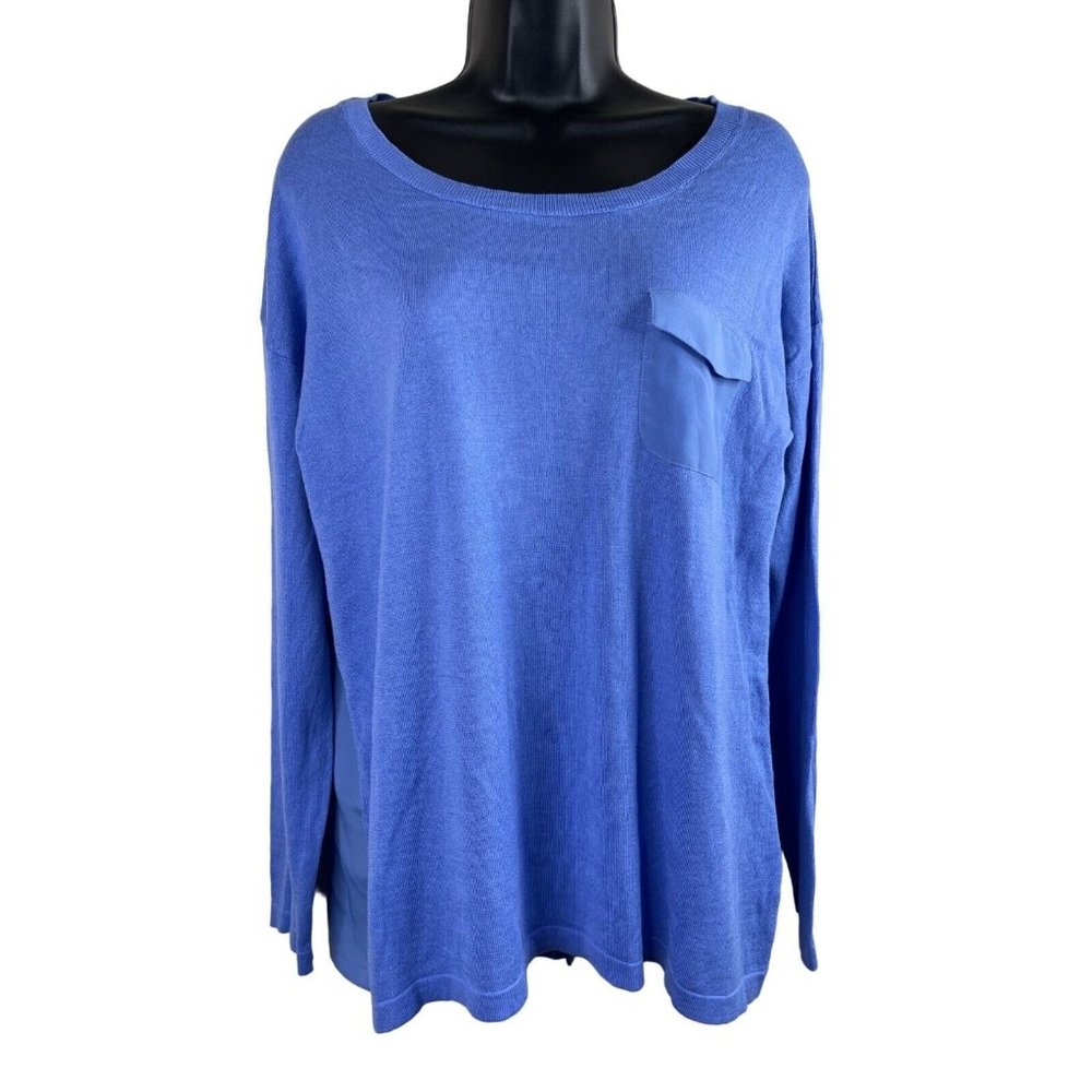 August Moon Top Womens Size Large L Long Sleeve Veranda Blue NWt Stretch Knit